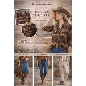 BonWorth Tribal Ikat Print Roll Tab Sleeve Blouse Brown Gold Western Boho LP